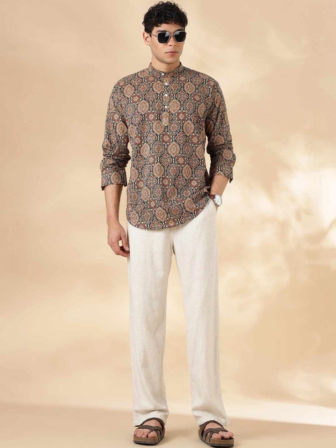LOUIS MONARCH Floral Printed Band Collar Roll-Up Sleeves Pure Cotton Straight Short Kurta - view 1
