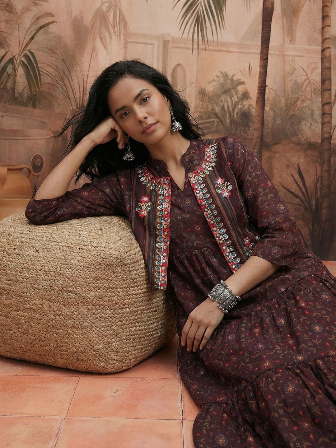 Sangria Floral Printed Ethnic Dress - view 1