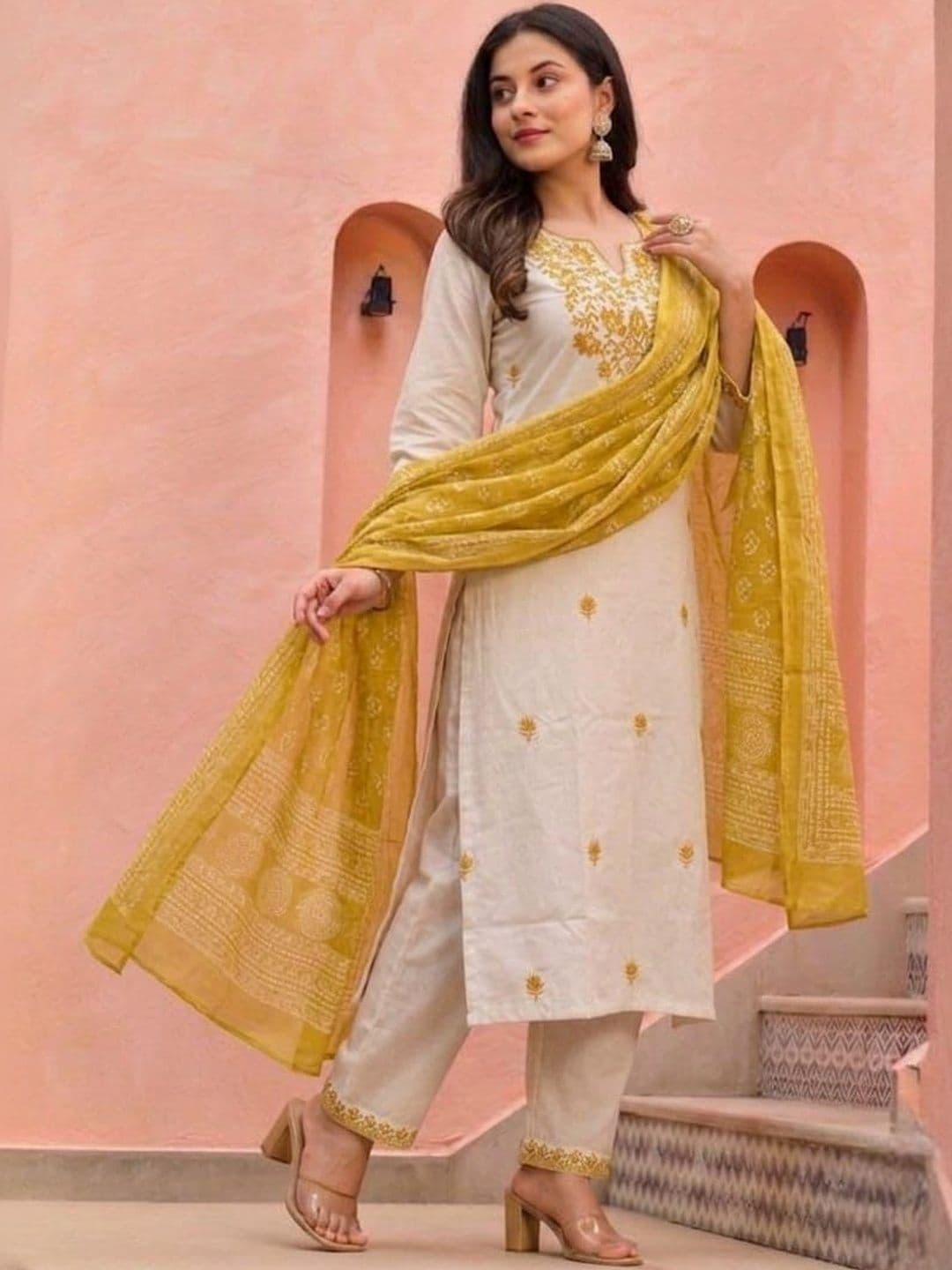 TIBAKKDI Women Embroidered Regular Sequinned Pure Cotton Kurti with Trousers & With Dupatta - view 1