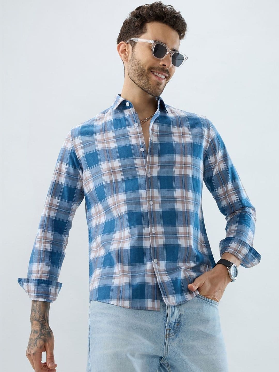 VASTRADO Premium Powder Blue Plaid Checks Denim Jacquard Shirt - view 1