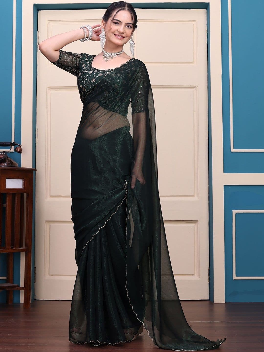 K 5 Fashion Embellished Embroidered Tissue Fusion Ilkal Saree - view 1