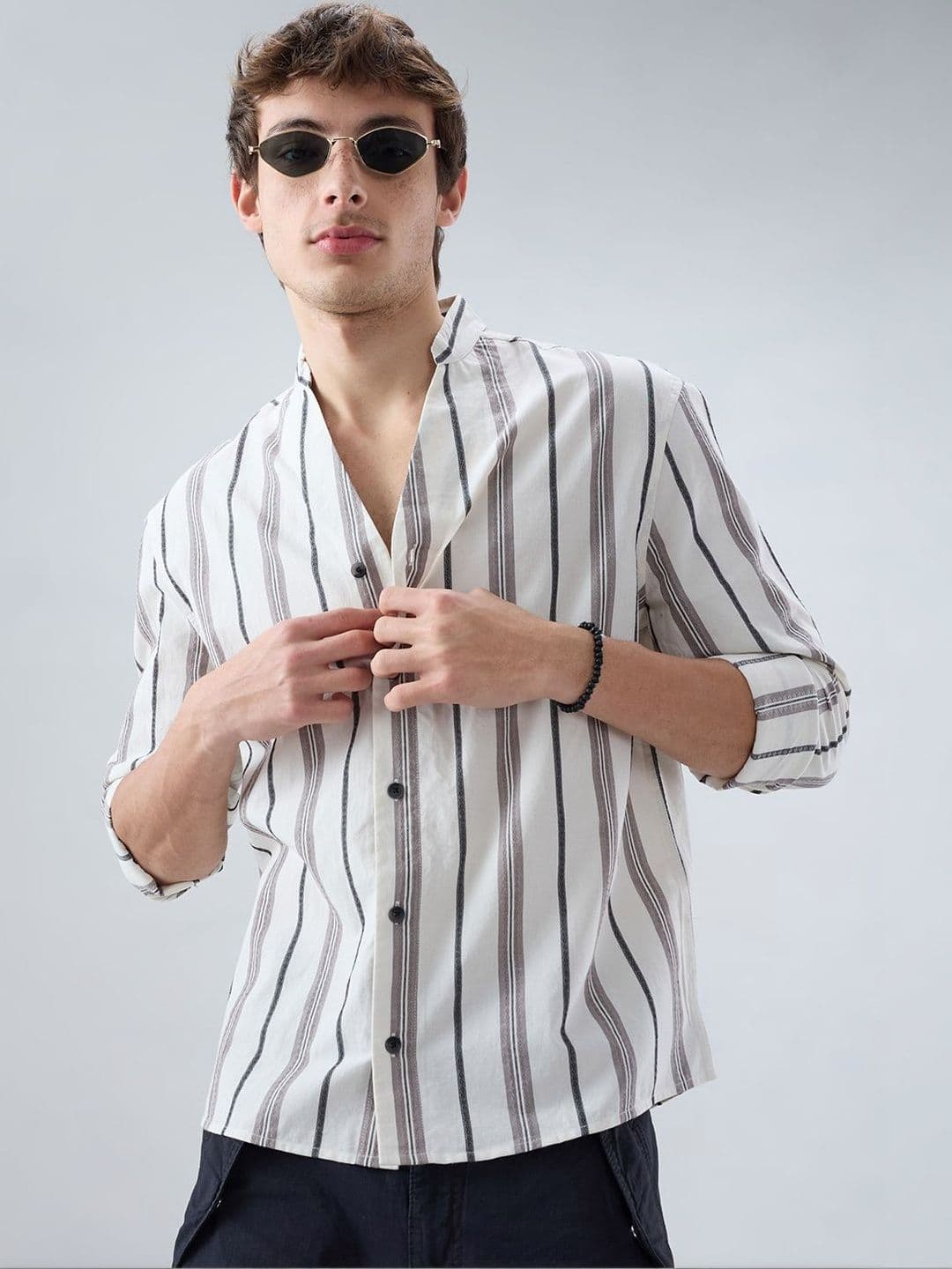 VASTRADO White Intricate Motif Contrast Striped Stand Collar Oversized Shirt - view 1