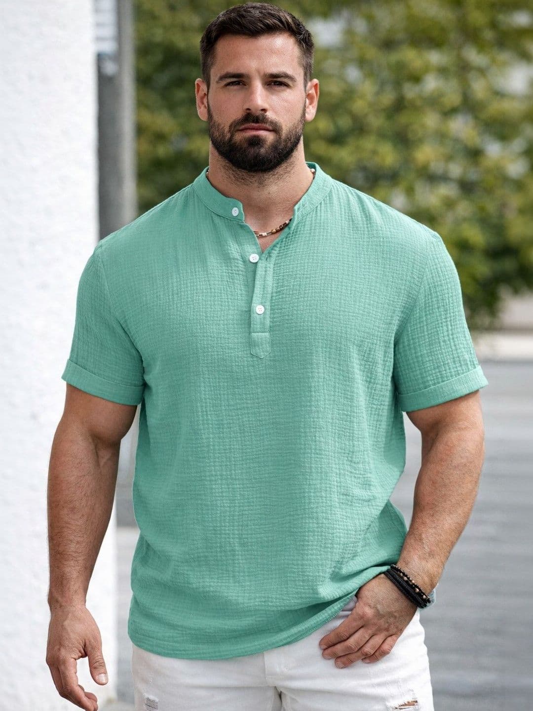 Zombom Men Mandarin Collar Roll-Up Sleeves Shirt - view 1