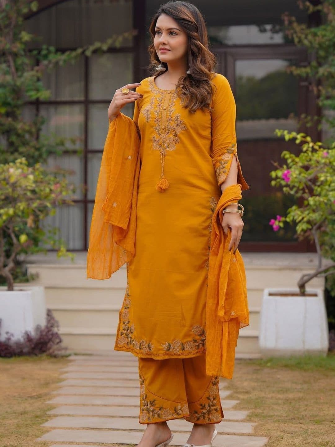 VASUPRADA Women Ethnic Motifs Embroidered Regular Pure Cotton Kurta with Palazzos & With Dupatta - view 1