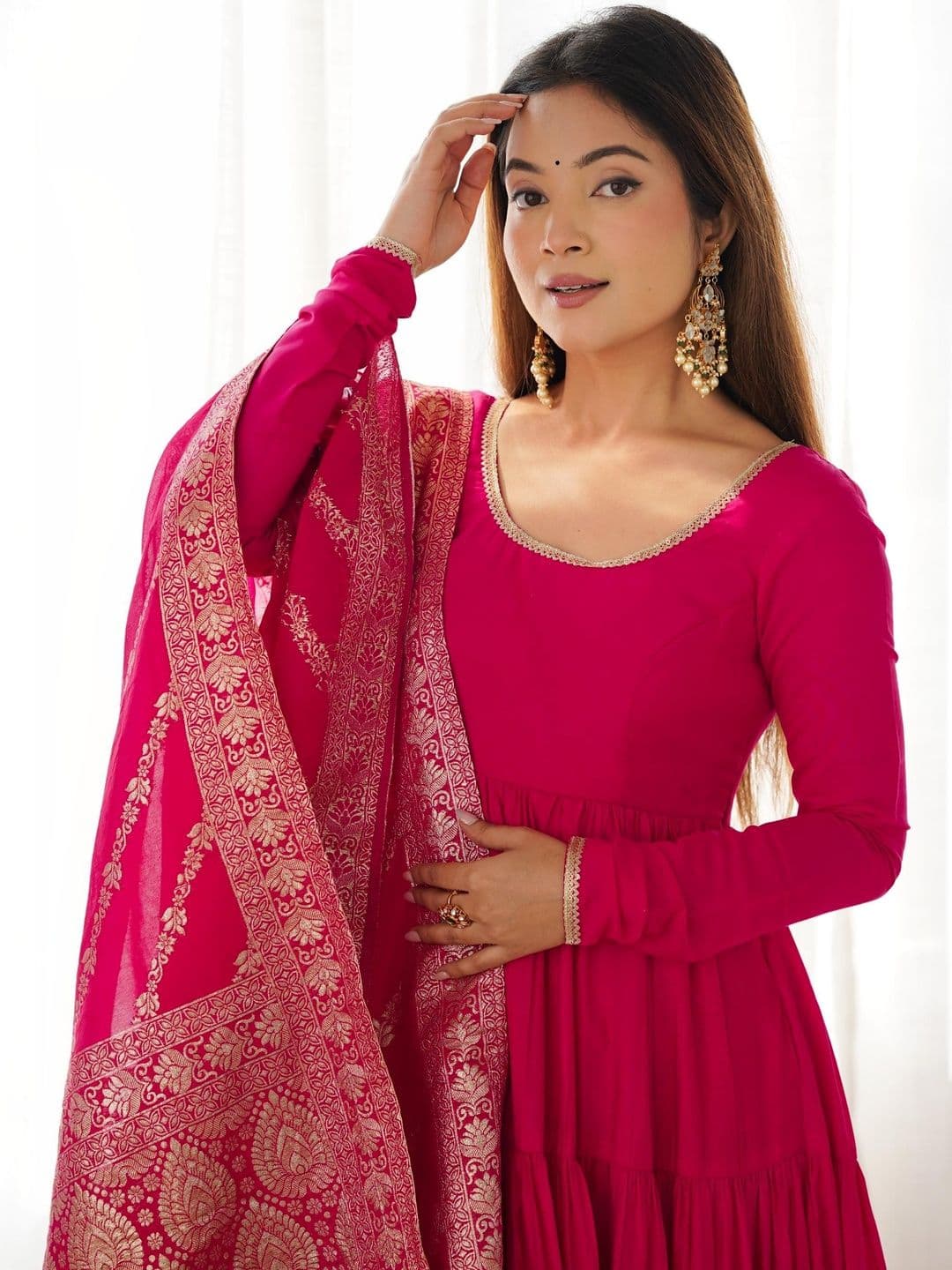 HERE&NOW Women Layered Chanderi Silk Kurta with Trousers & With Dupatta - view 1