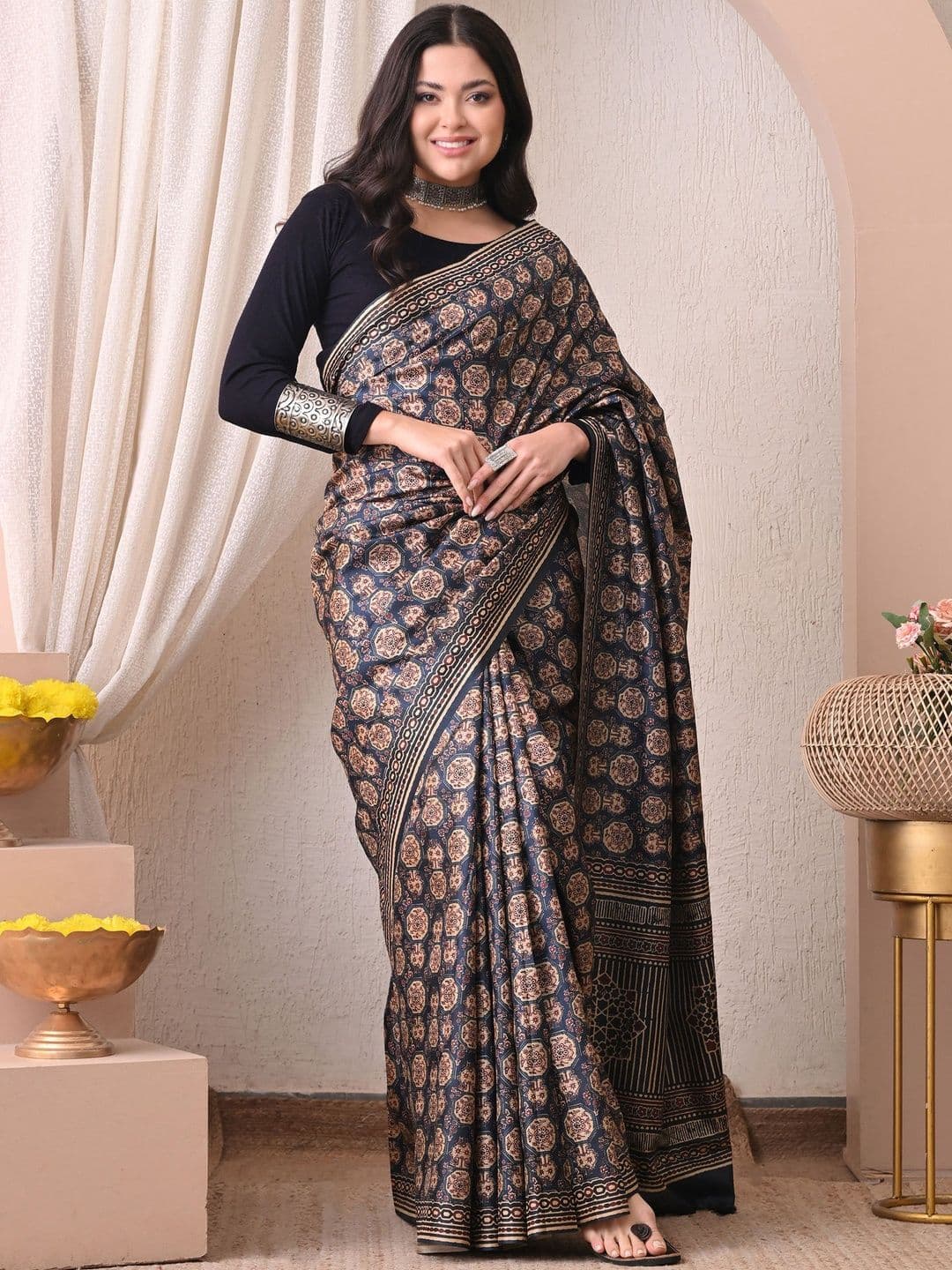 House of Pataudi Tussar Silk Black Beige Sarees - view 1