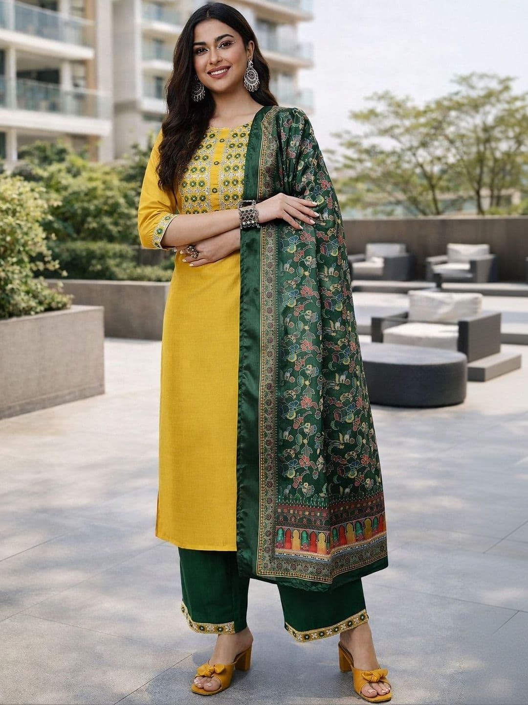 KALINI Women Embroidered Regular Kurta with Trousers & With Dupatta - view 1