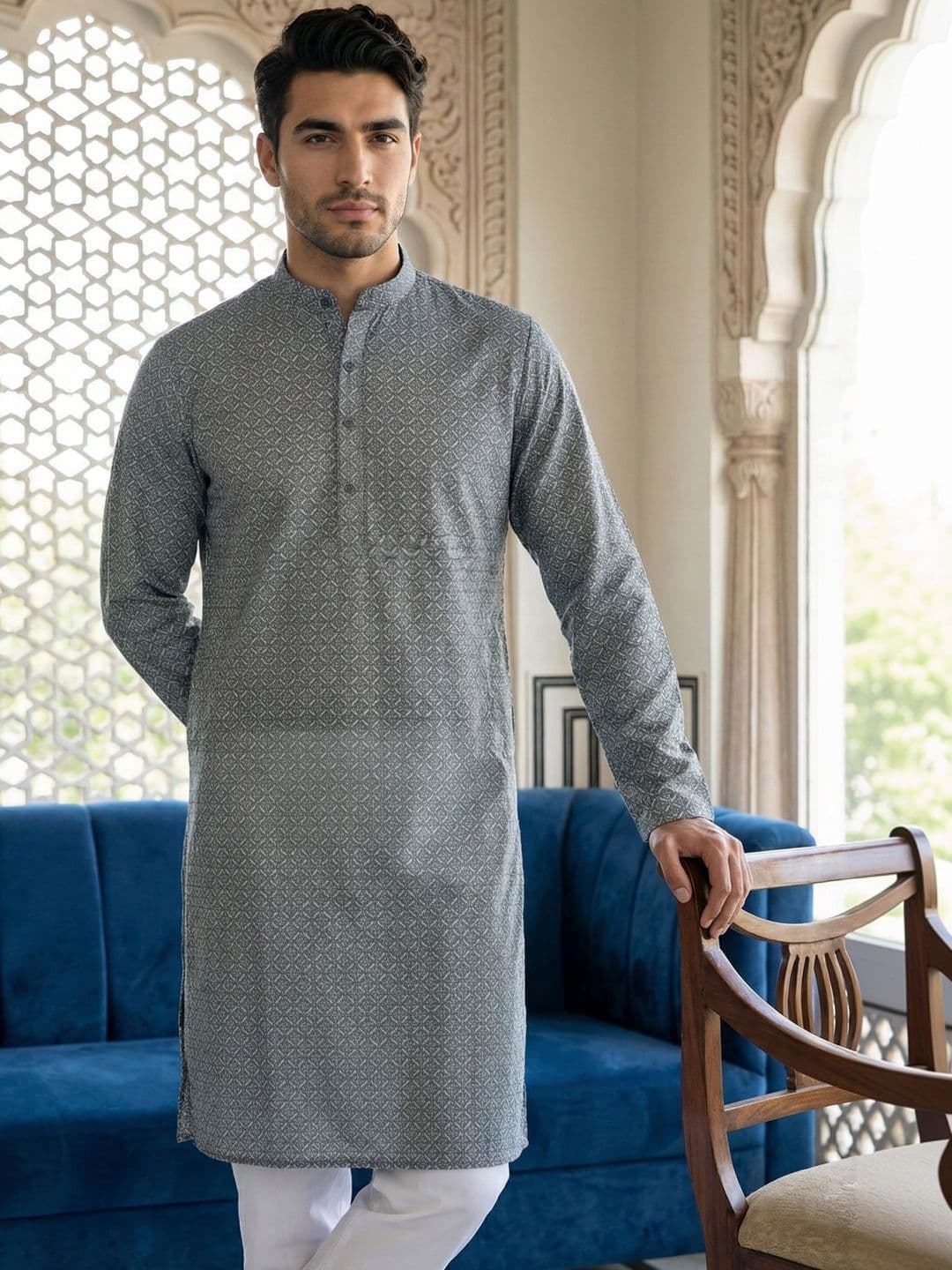 House of Pataudi Printed Mandarin Collar Knee Length Straight Cotton Kurtas - view 1