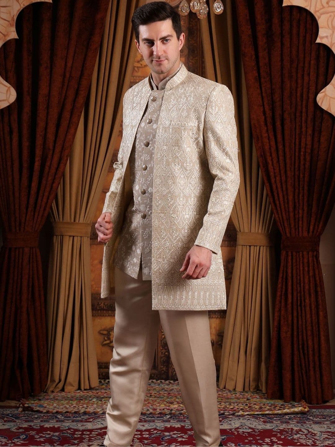 Dulha Ghar Embroidered Mandarin Collar Sherwani