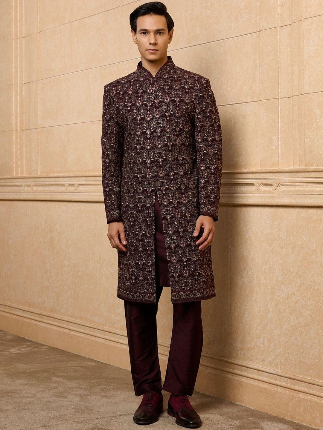 Tasva Men Embroidered Band Collar Sherwani
