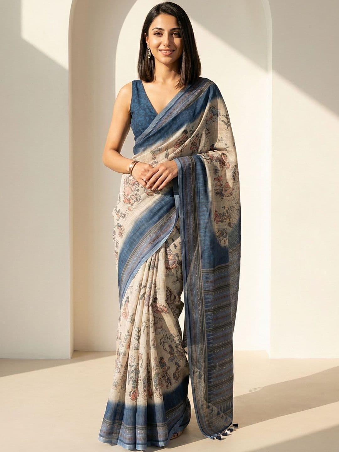 AANVI Floral Linen Blend Designer Printed Saree - view 1