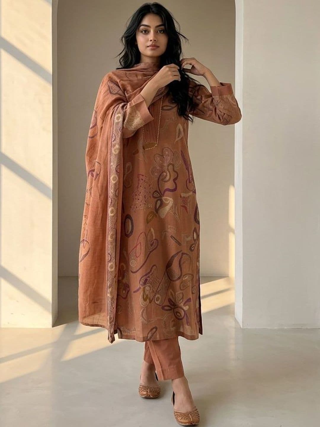 AANVI Women Printed Regular Chanderi Silk Kurta with Trousers & With Dupatta - view 1