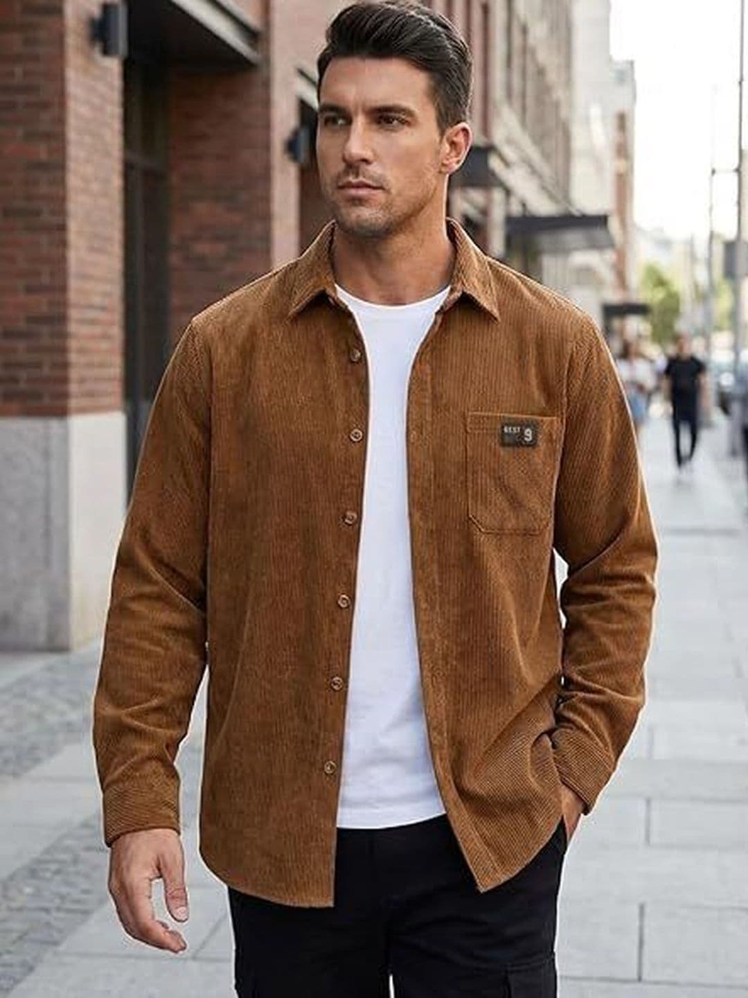 INDOPRIMO Men Brown Corduroy Casual Shirt with Spread Collar, Full Sleeves and Regular Fit - view 1