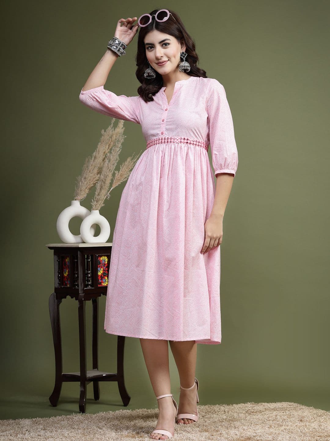 Sangria X fwd Floral Printed Mandarin Collar Mirror Work Cotton Fit & Flare Midi Ethnic Dress - view 1