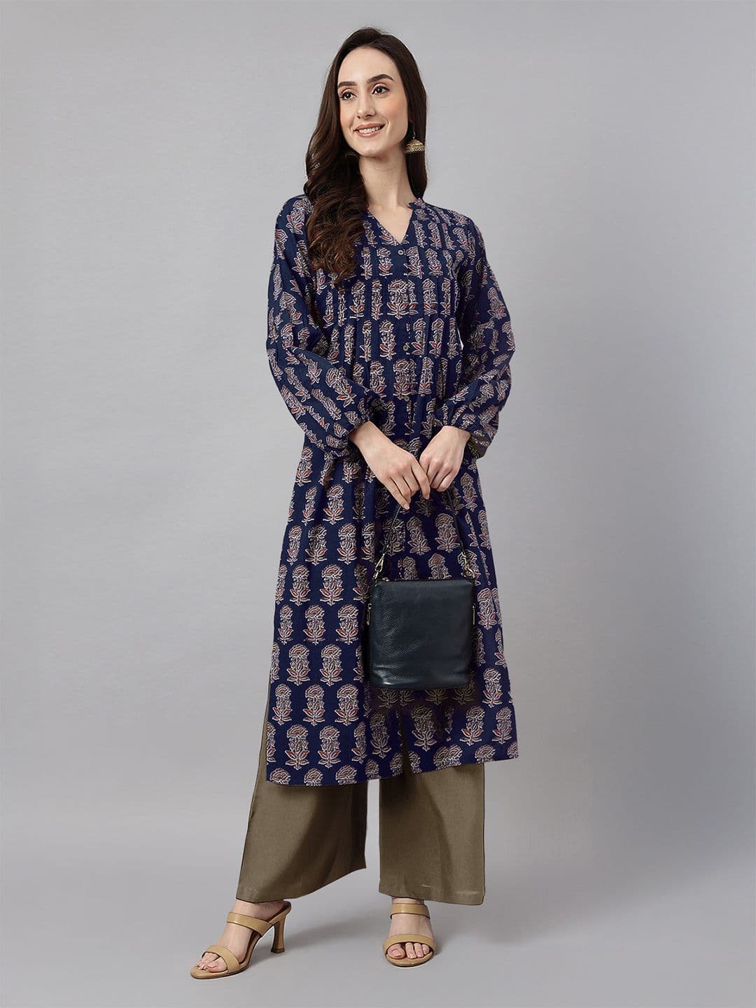 Janasya Women Navy Blue Ethnic Motifs Printed Daily Cotton Straight A-Line Kurta - view 1