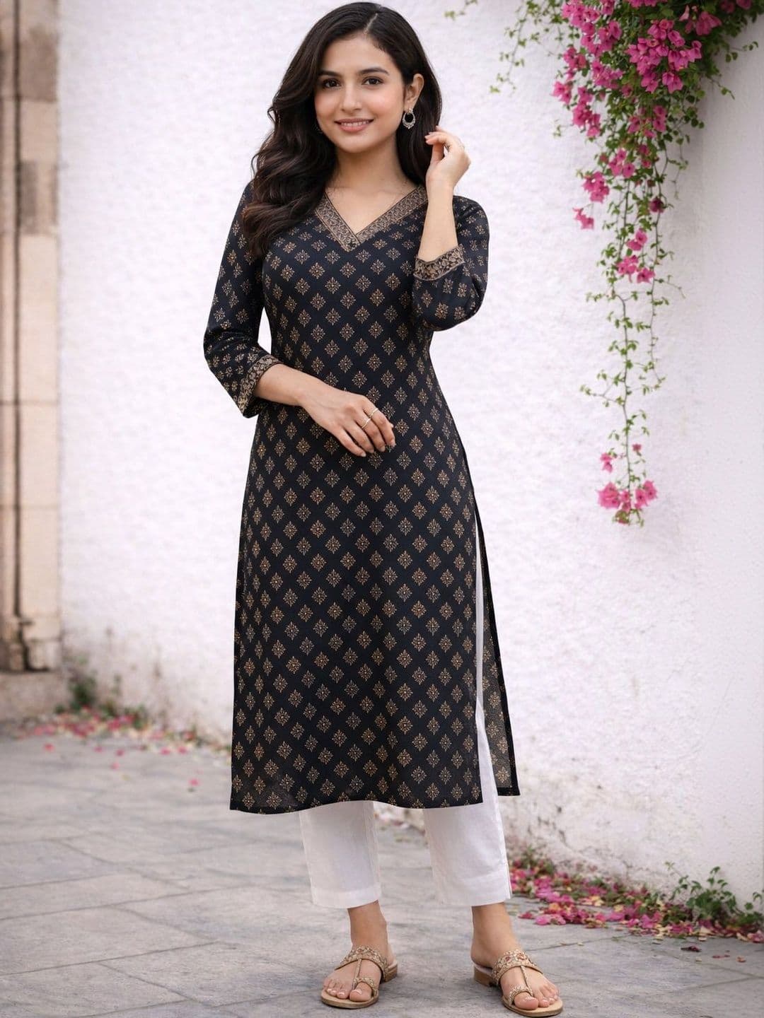KALINI Floral Printed V-Neck Pure Cotton Blend Kurti - view 1