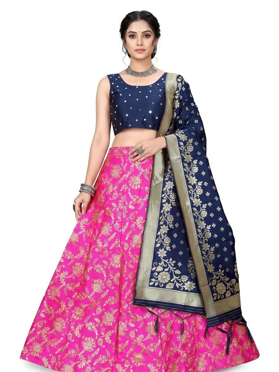 SHAVIDR ENTERPRISE Mirror Work Block Print Semi-Stitched Lehenga & Blouse With Dupatta - view 1