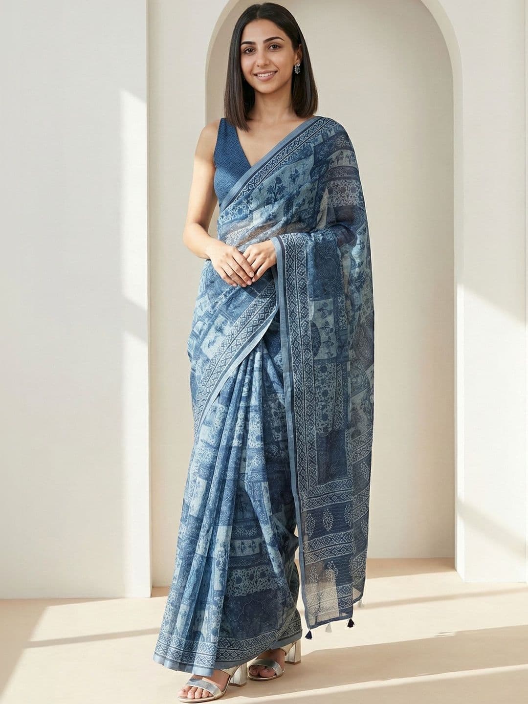 AANVI Floral Linen Blend Designer Printed Saree - view 1