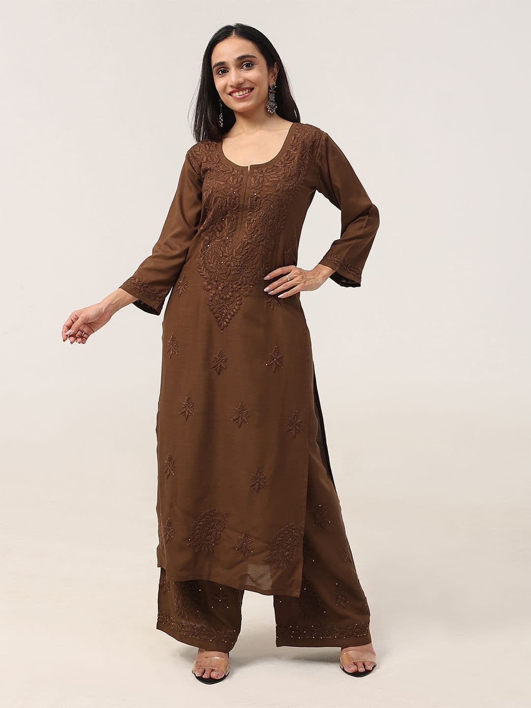 colorkosh Embroidered Chikankari Floral Ethnic Motifs Kurta Palazzo Set - view 1