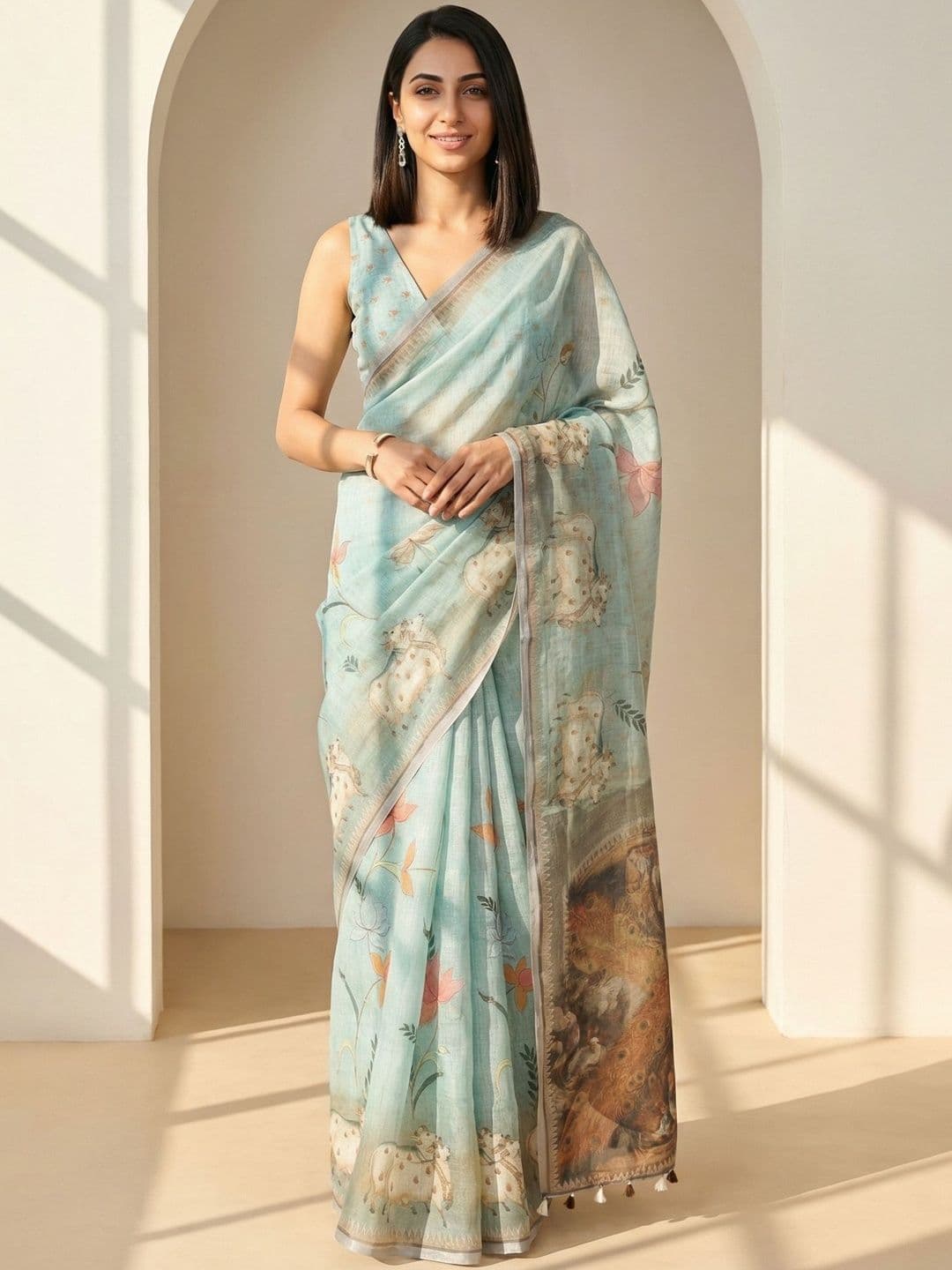 AANVI Floral Linen Blend Designer Printed Saree - view 1