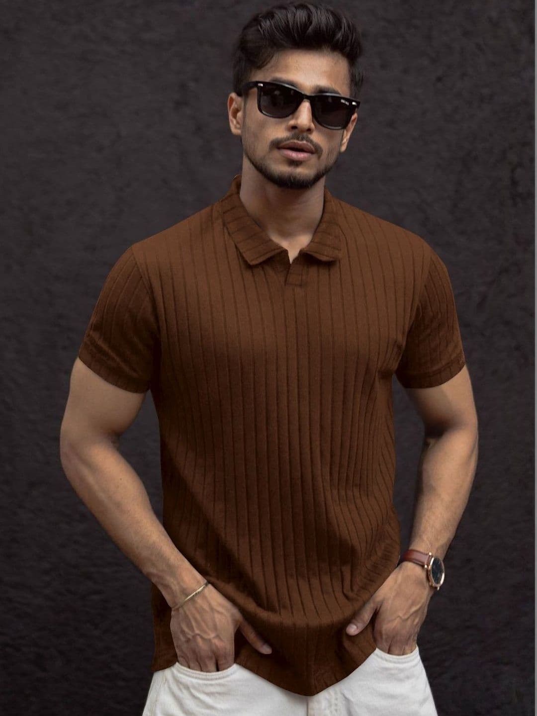 MODALEN Men Textured Polo V-neck Collar Tshirts - view 1