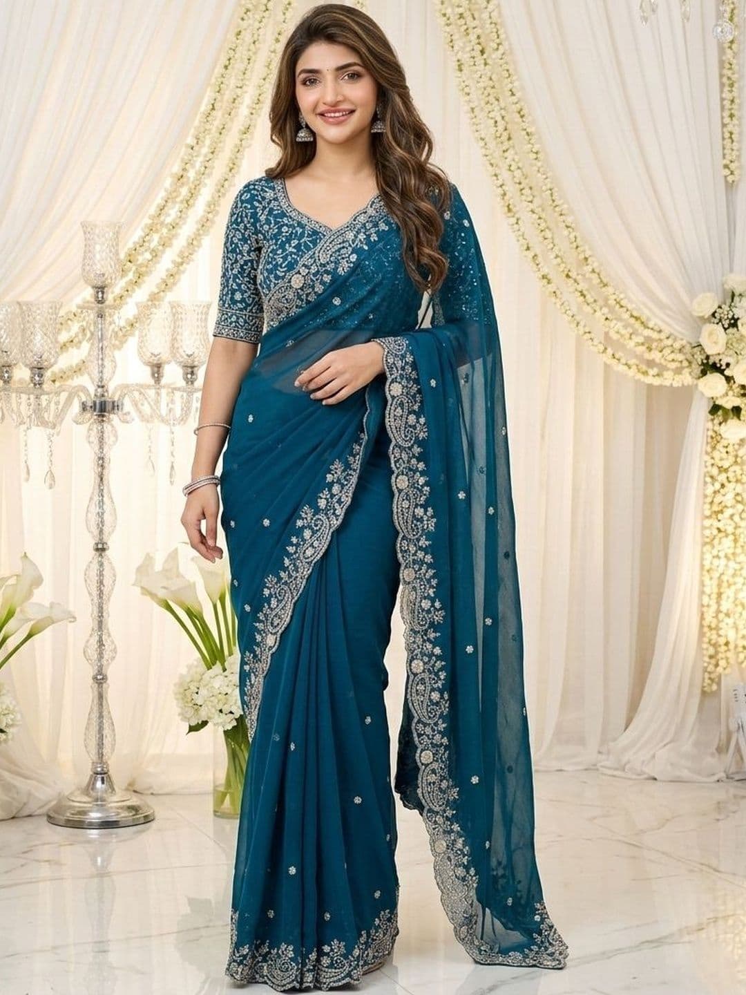 HERE&NOW Pure Georgette Heavy Work Saree - view 1