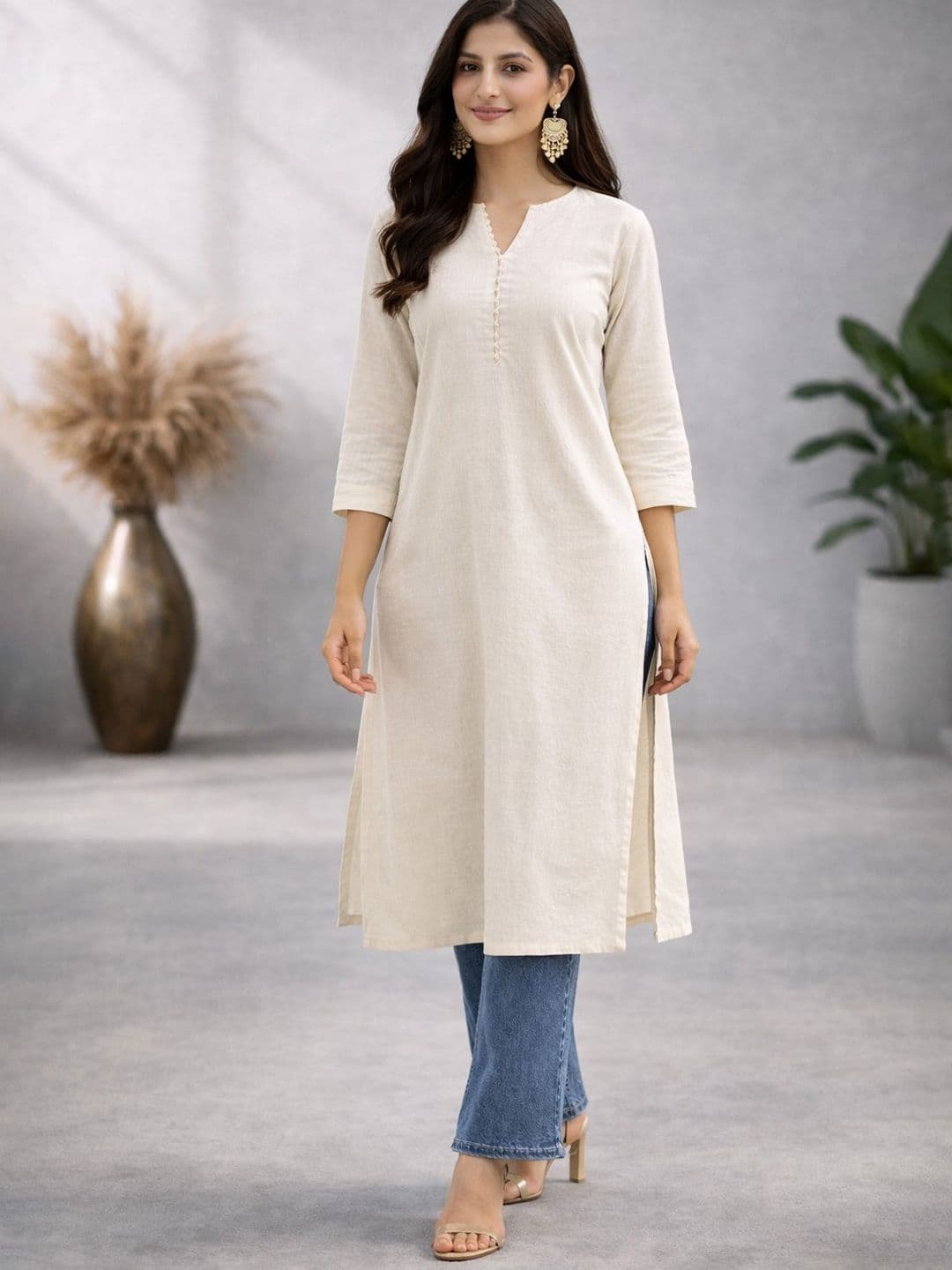 Lookmark Women White Solid Notch Neck Three-Quarter Sleeves Straight Kurti - view 1