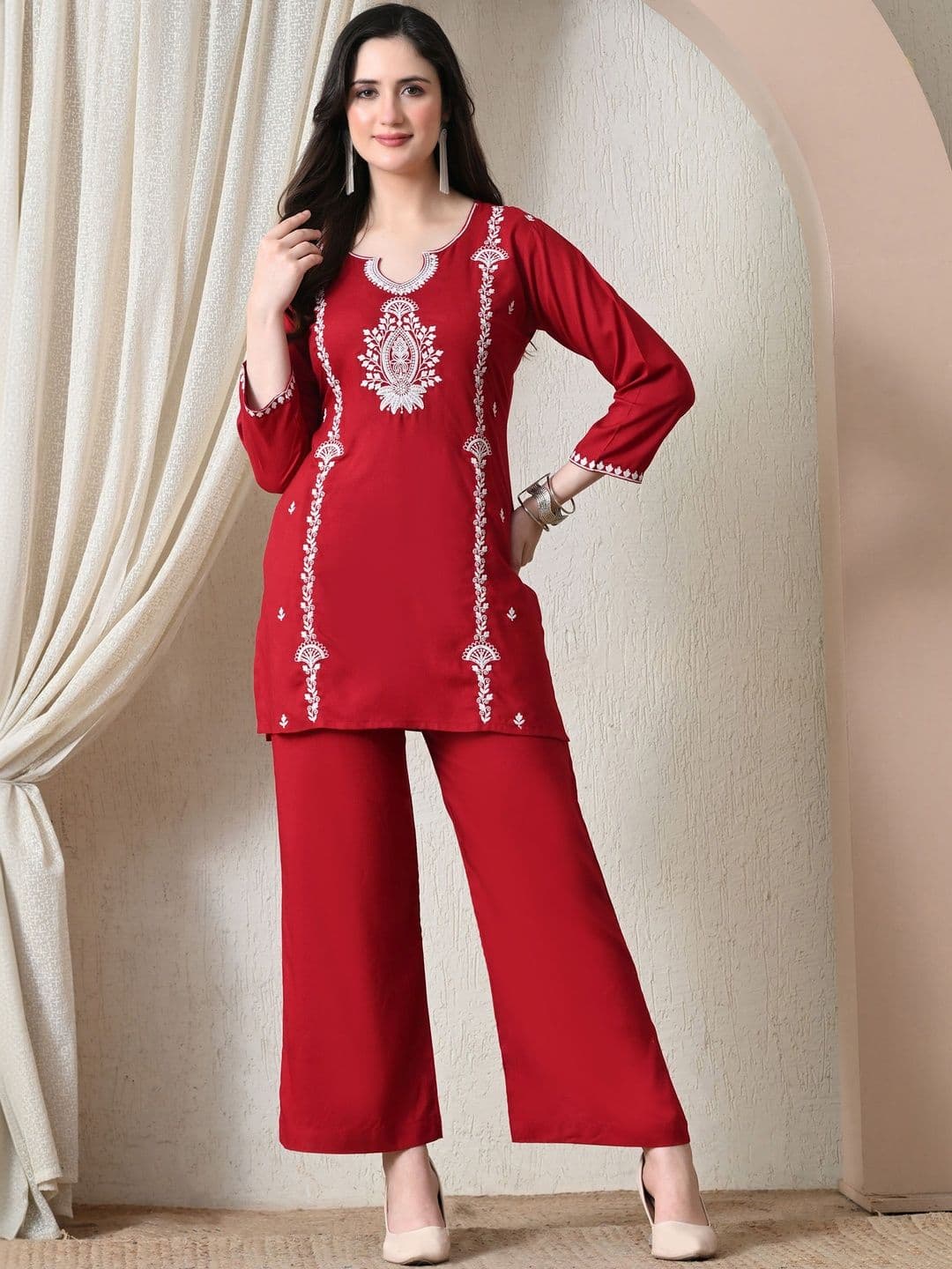 ROSHNI Women Floral Embroidered Scoop Neck Viscose Rayon Tunic With Trouser - view 1