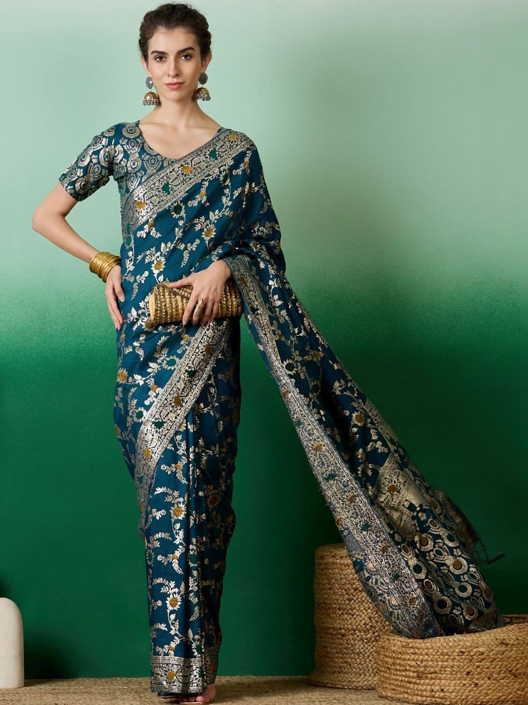 Panzora Teal Dola Cotton Jacquard Zari Weaving Running Blouse Piece & Sarees - view 1