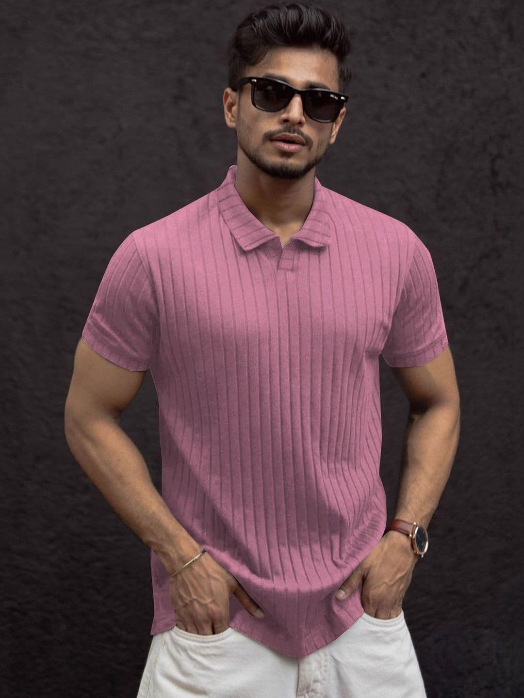 MODALEN Men Textured Polo V-neck Collar Tshirts - view 1