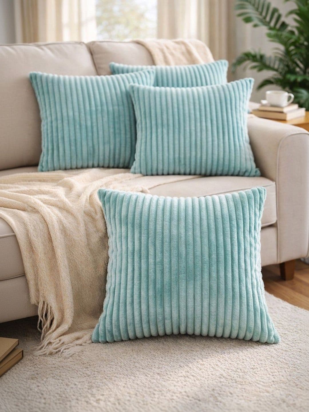 LOFEY Green Set of 5 Striped Velvet Square Cushion Covers - view 1