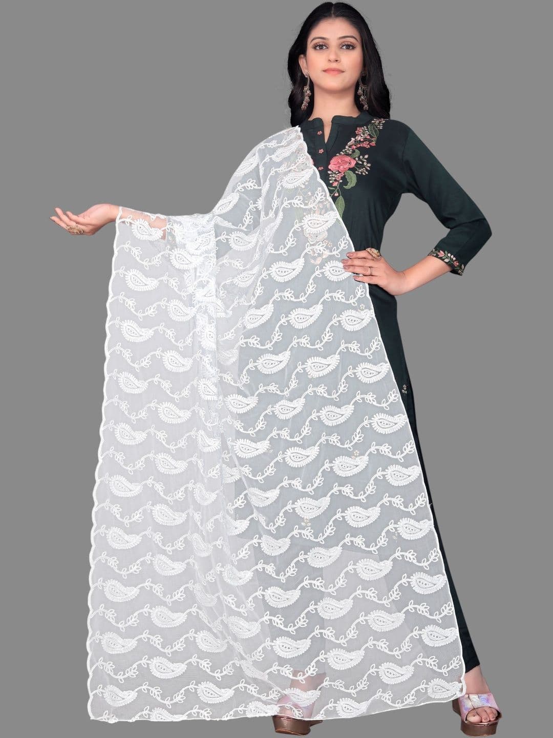 Avni N Anvi Embroidered Dupatta with Chikankari - view 1