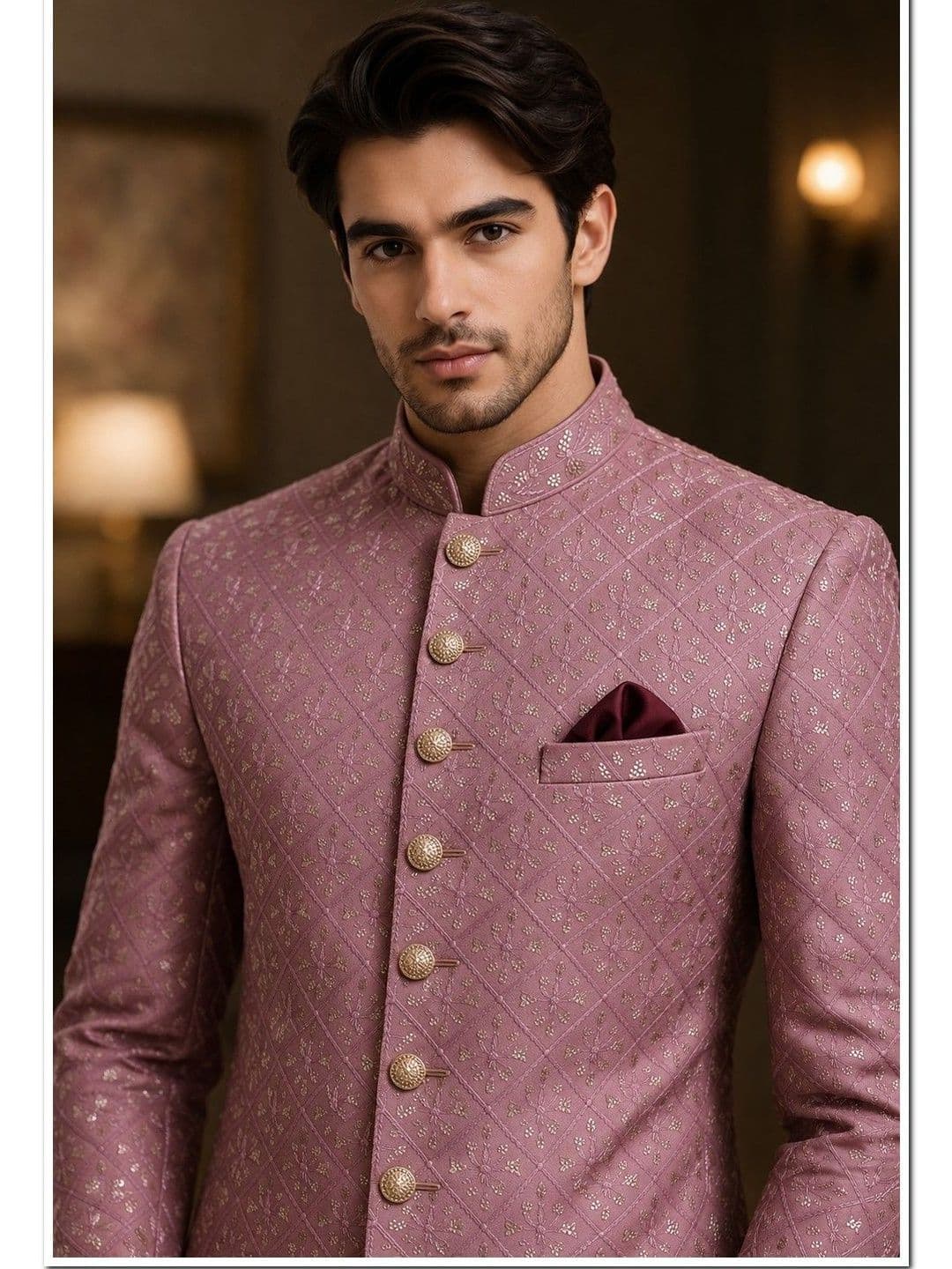House of Pataudi Self Design Mandarin Collar Sherwani