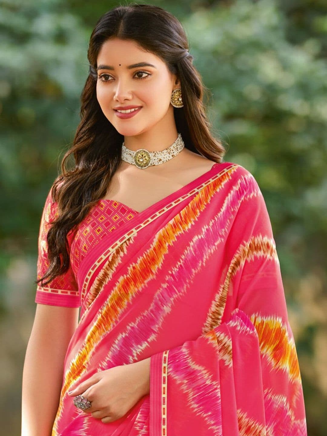 Vishal Prints Carmine Pink Printed Georgette Fancy Border Sarees - view 1