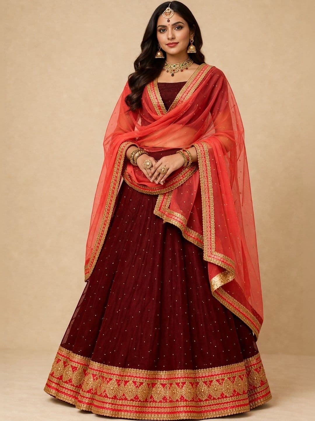 Desibutik Beads and Stones Semi-Stitched Lehenga & Unstitched Blouse With Dupatta - view 1