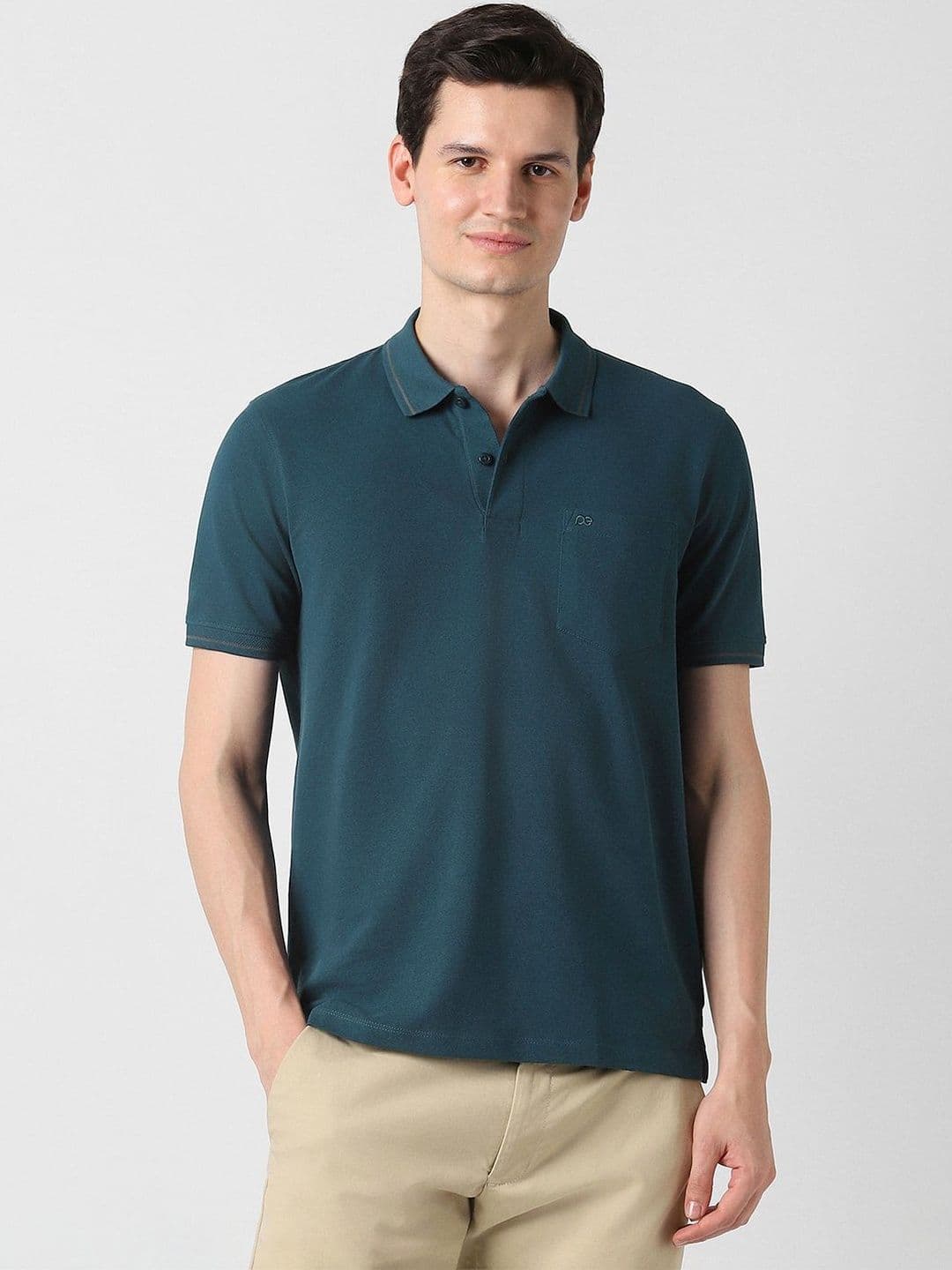 Peter England Casuals Men Blue Textured Polo Neck Tshirts - view 1