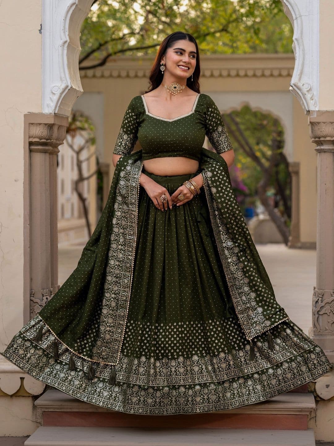 GULDORI Beads and Stones Tie Dye Semi-Stitched Lehenga & Unstitched Blouse With Dupatta - view 1