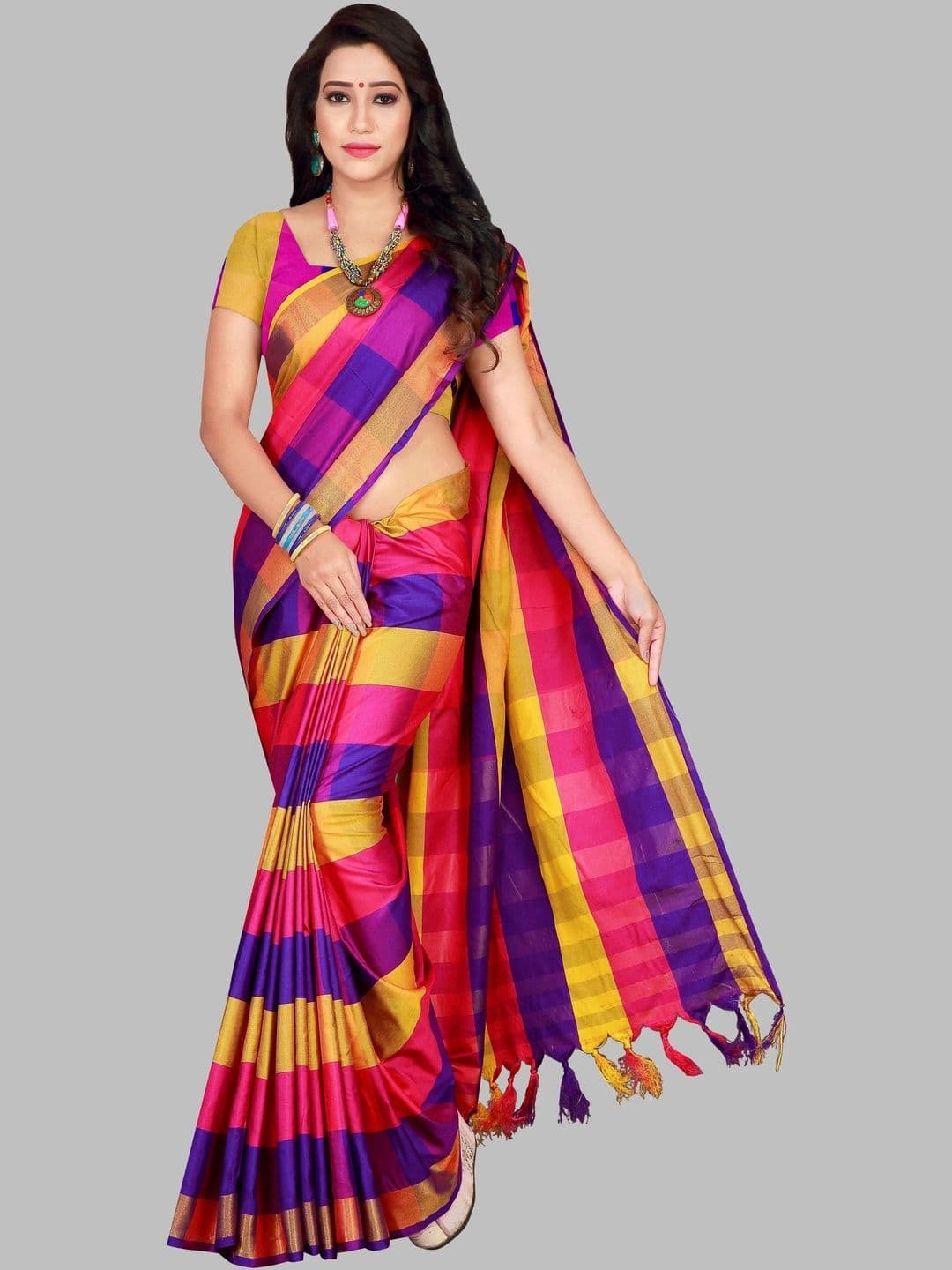 PRIYANSH CREATION Checked Silk Cotton Saree - view 1