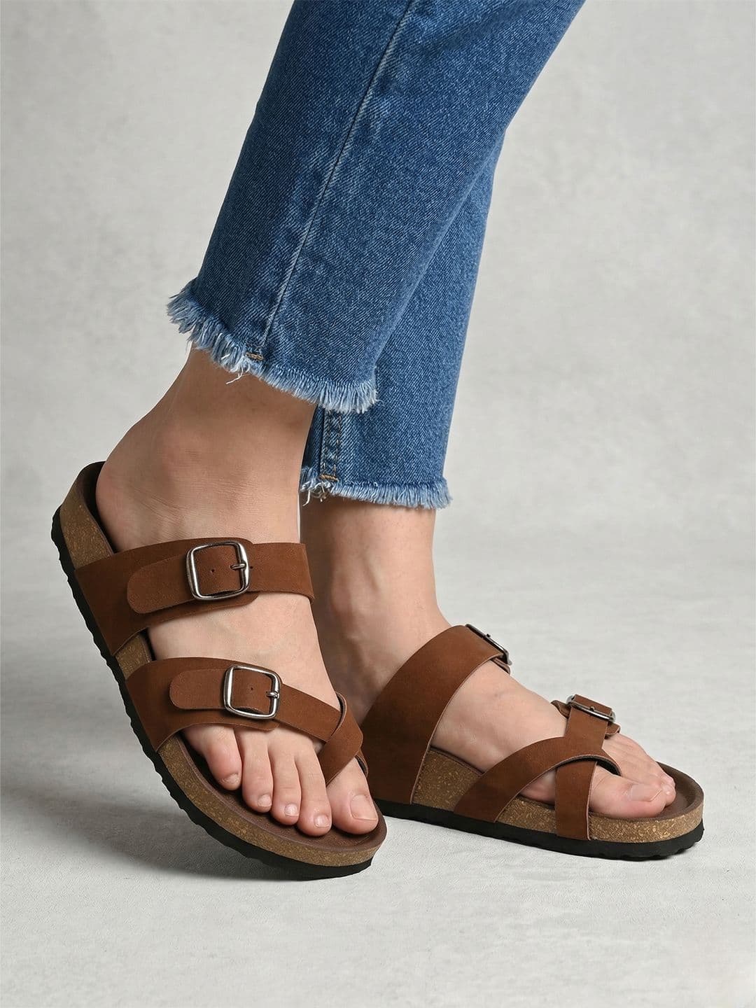 Mast & Harbour Women Solid Round Toe Buckles Leather Open Toe Flats - view 1