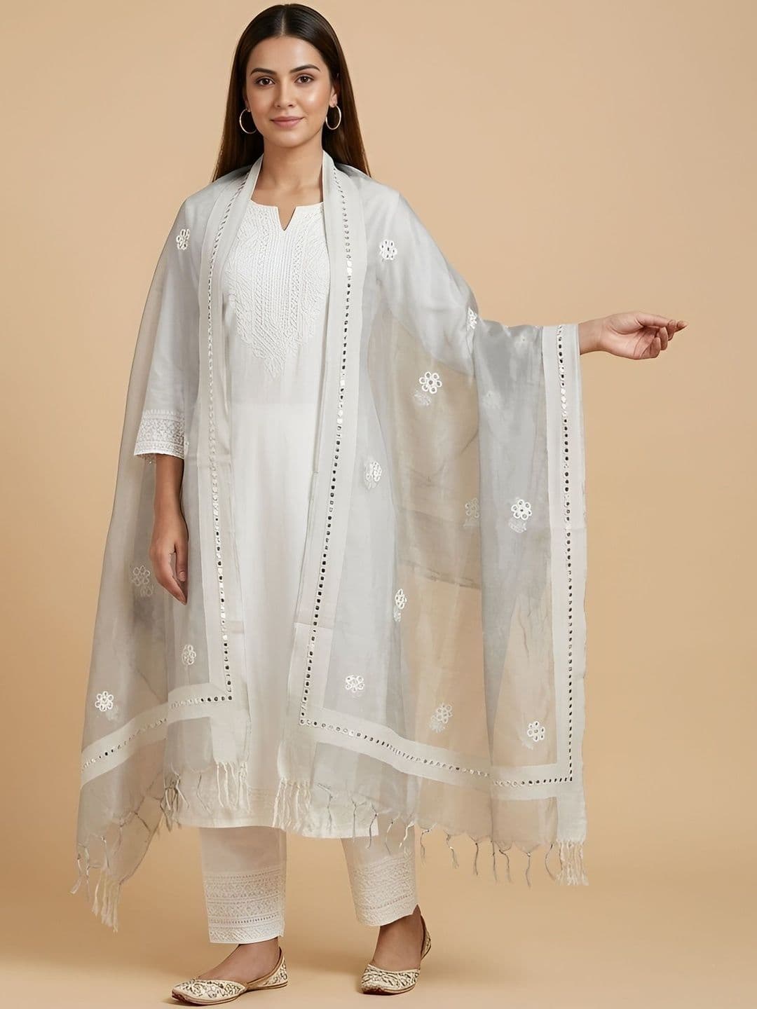 MUFFLY Woven Design Organza Dupatta with Mirror Work - view 1