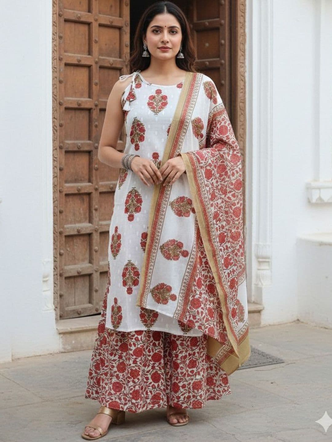 AAYUFAB Women Floral Printed Pure Cotton Straight Kurta With Sharara & Dupatta - view 1