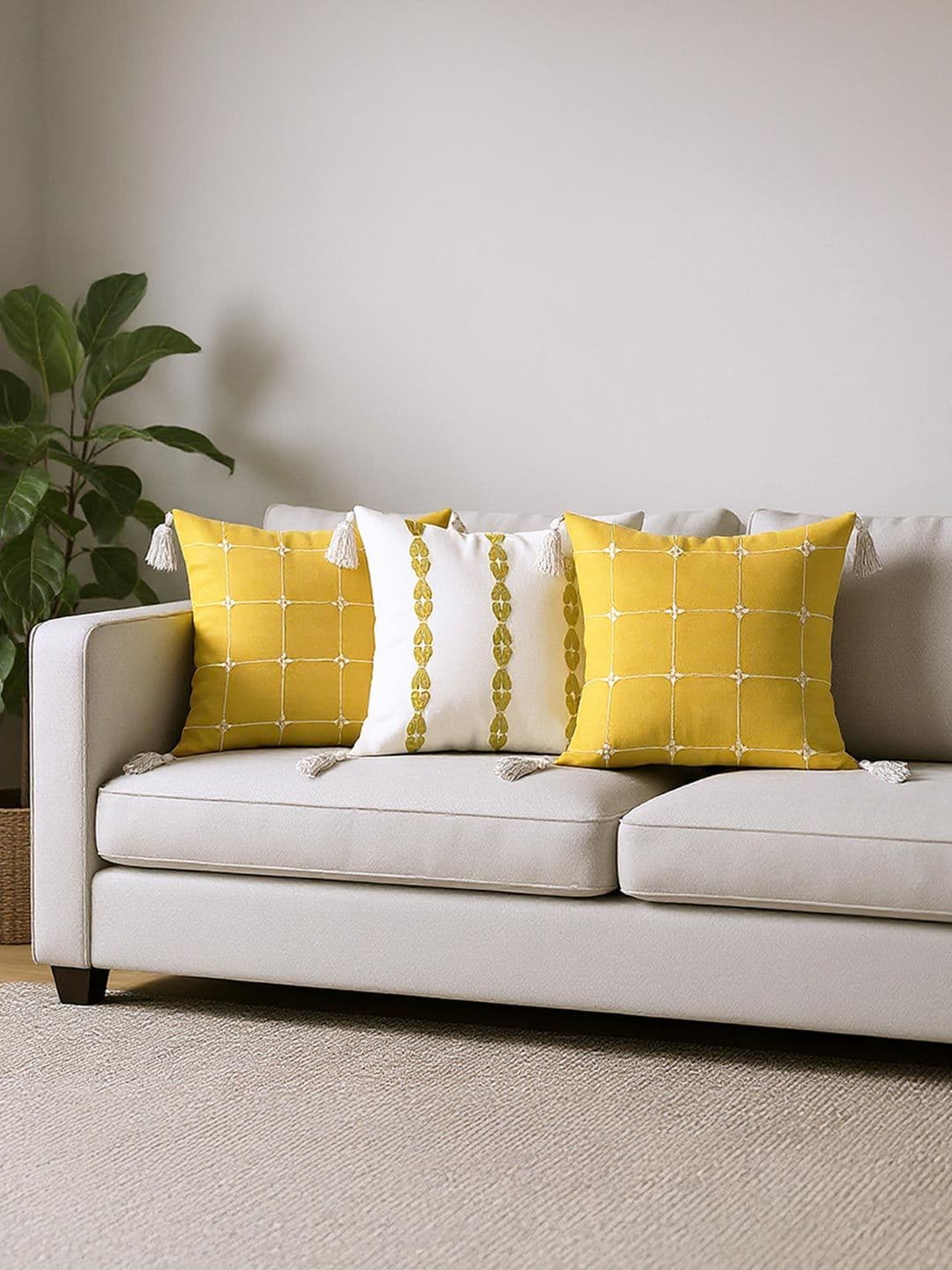 URBAN SPACE Yellow & White Set of 3 Checked Square Cushion Covers - view 1