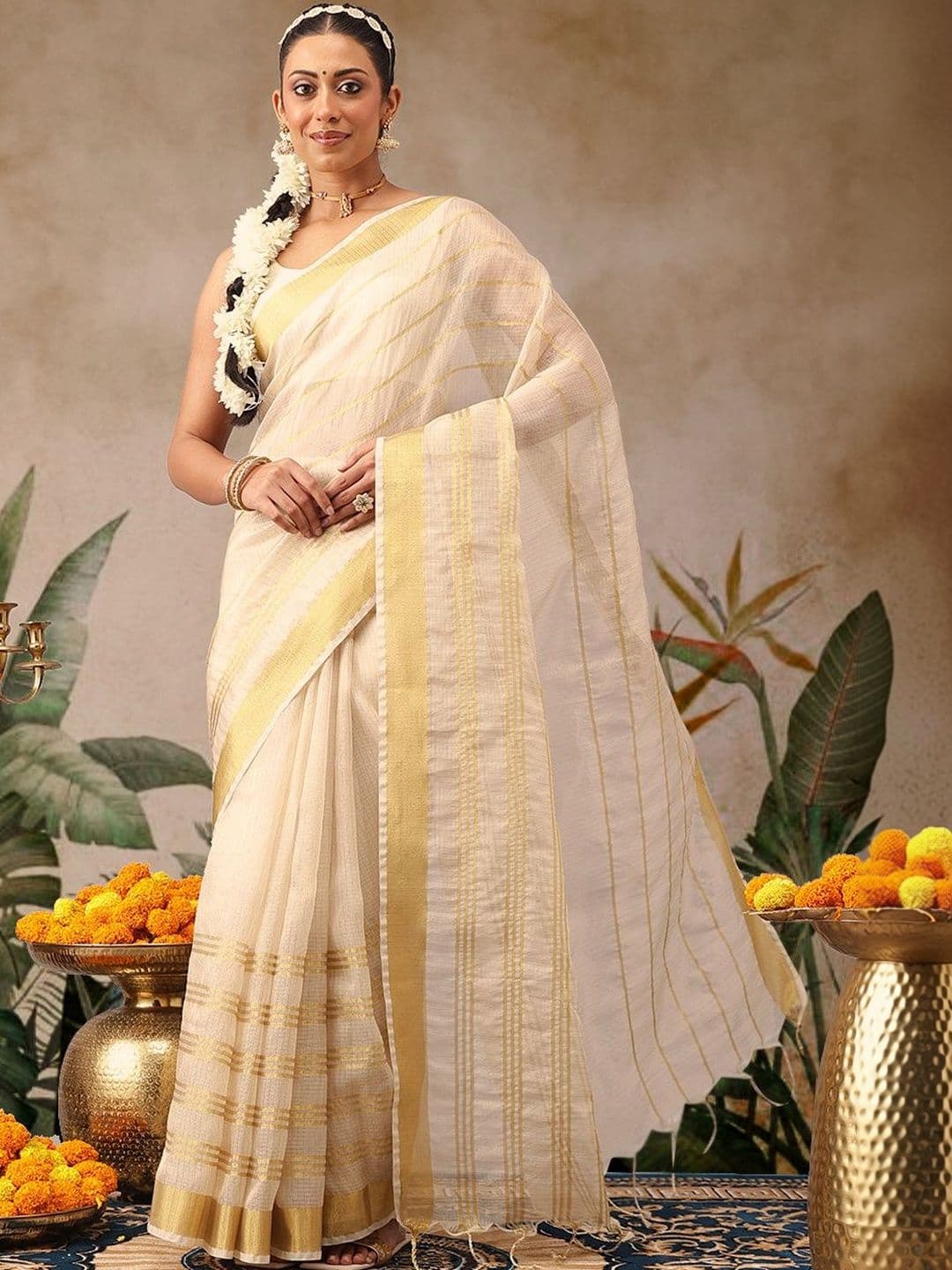 Silk Land Woven Design Zari Silk Blend Fusion Kasavu Saree - view 1