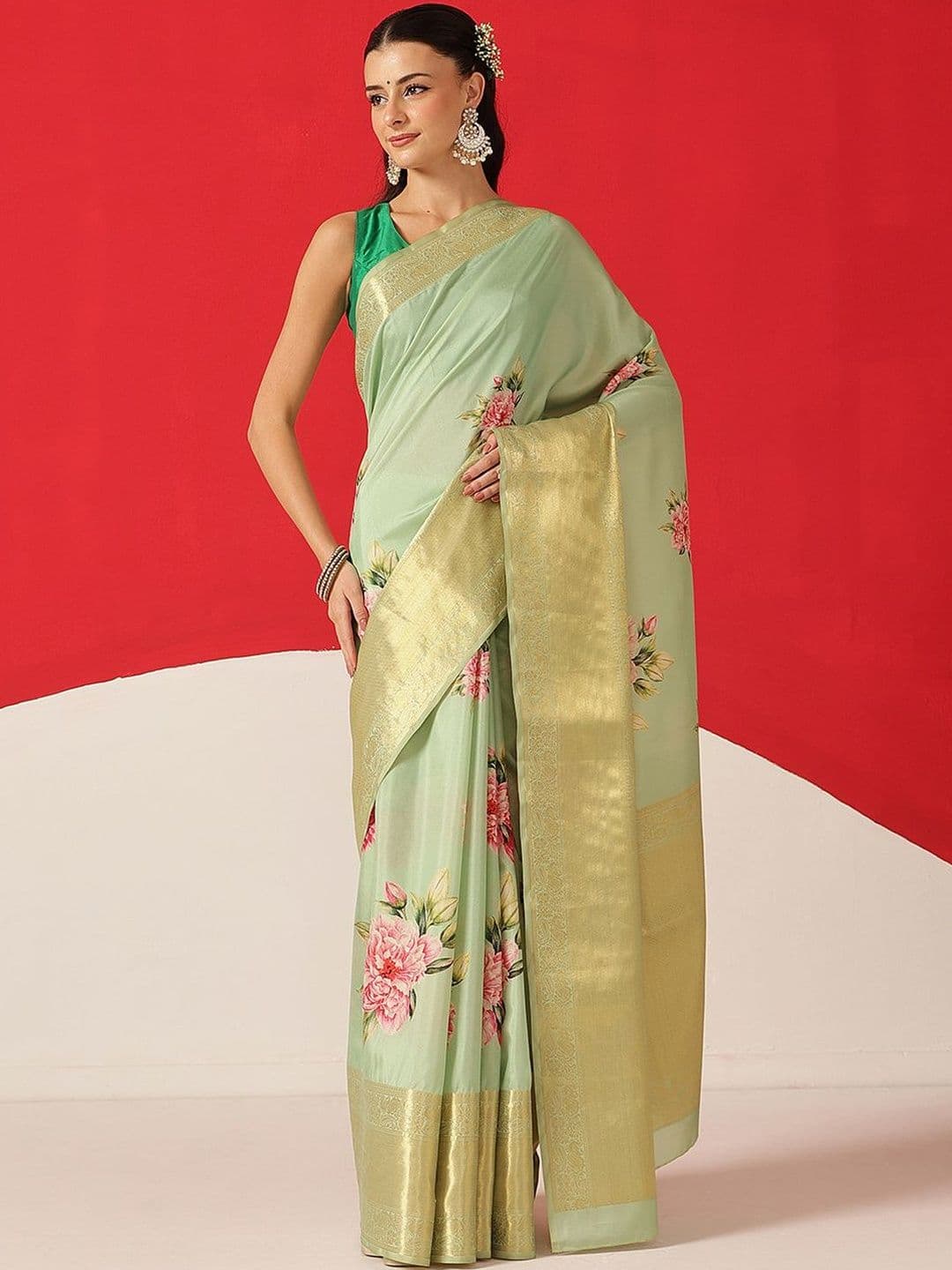 Silk Land Floral Zari Tissue Fusion Tussar Saree - view 1