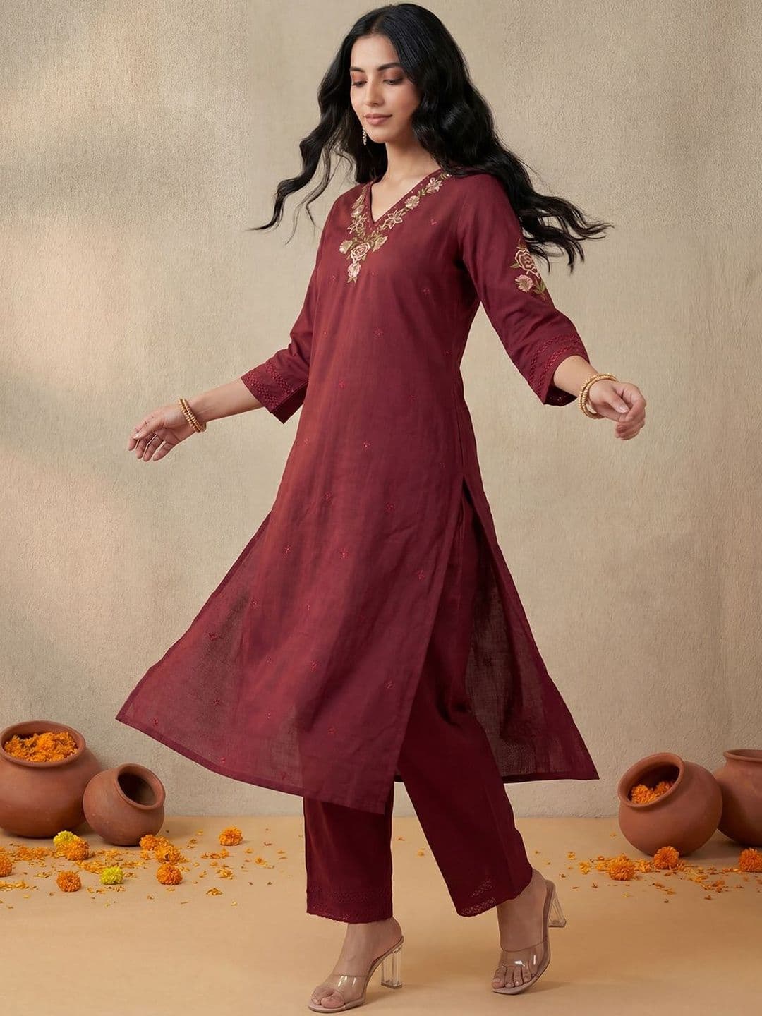 Indo Era Women Ethnic Motifs Embroidered Regular Thread Work Pure Cotton Kurta with Trousers - view 1