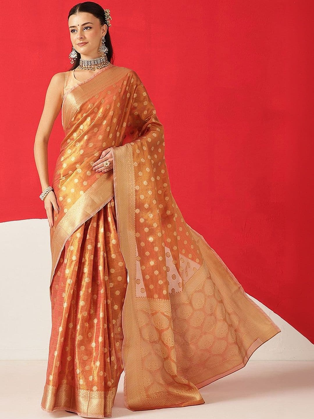Silk Land Polka Dot Zari Tissue Fusion Banarasi Saree - view 1