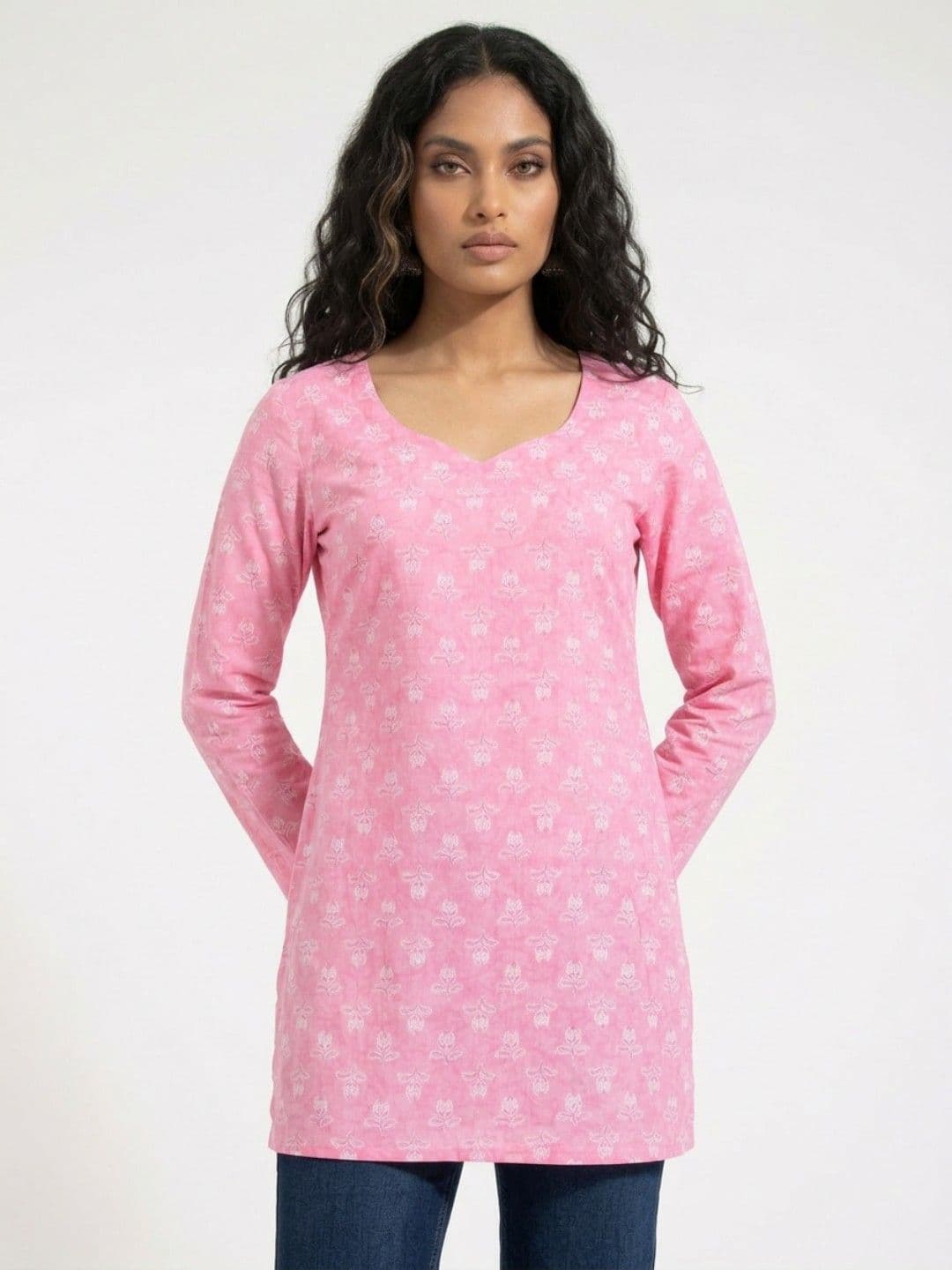 fusion by glitchez Floral Printed V-Neck Pure Cotton Kurti - view 1
