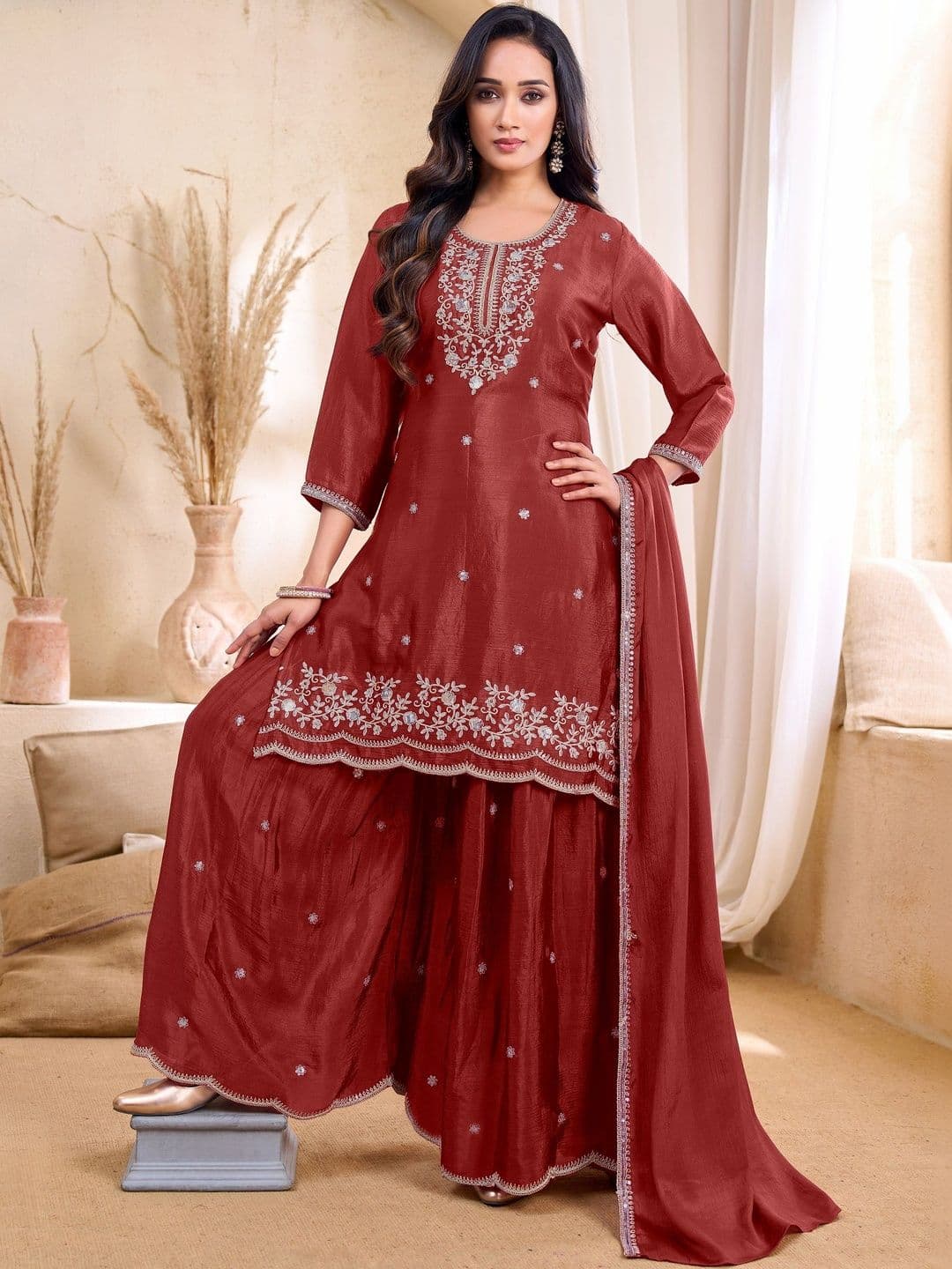 Sangria Embroidered Round Neck Kurta & Palazzos With Dupatta - view 1
