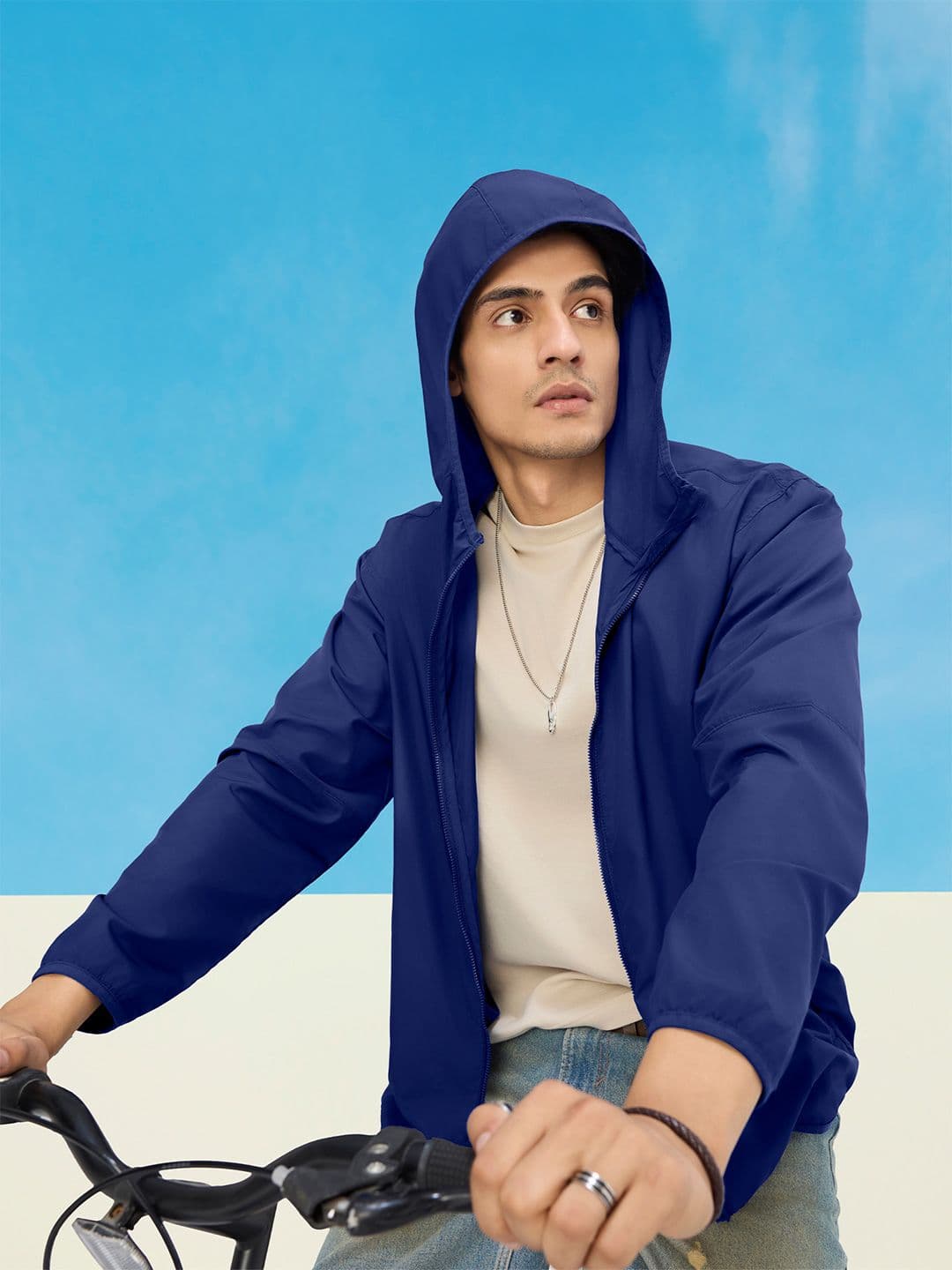 XYXX Men Solid Ozone UV Protection Polyester Quick Dry Estate Blue Hooded Parka Jacket - view 1