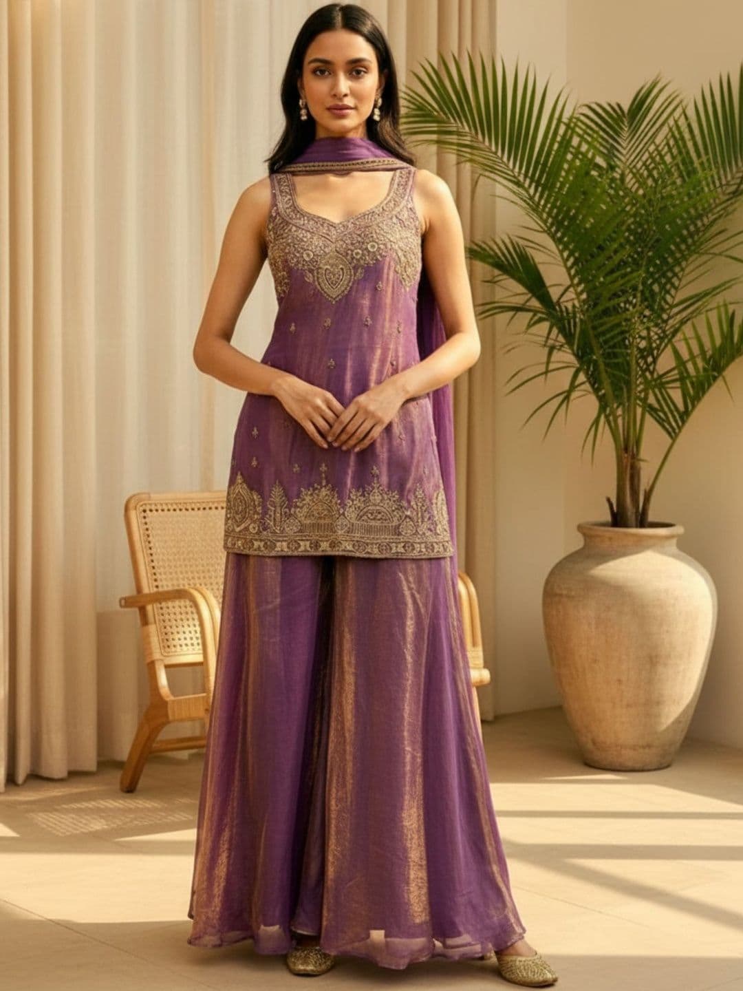 Brand Hill Women Ethnic Motifs Embroidered Regular Thread Work Kurta with Palazzos & With Dupatta - view 1